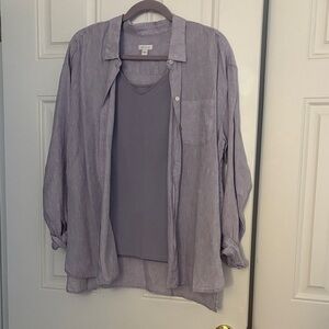 J. Jill 100% Linen Button Down Big Shirt Purple/Blue Large